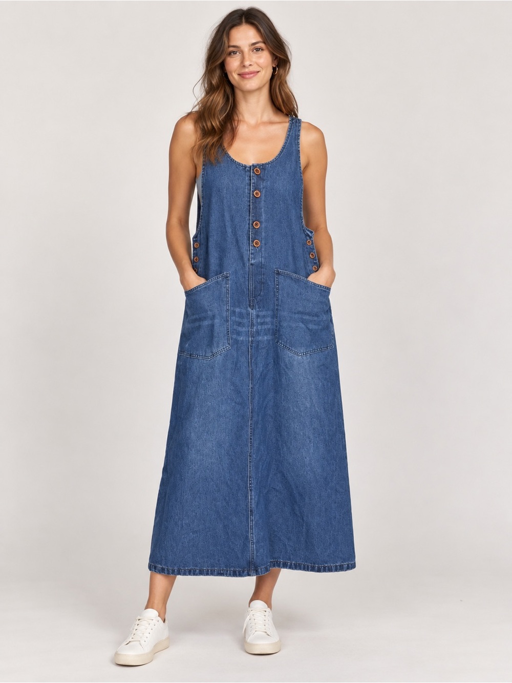 Blue Denim Button-Front Cotton Overalls Jumper Dress With Pockets New Size L